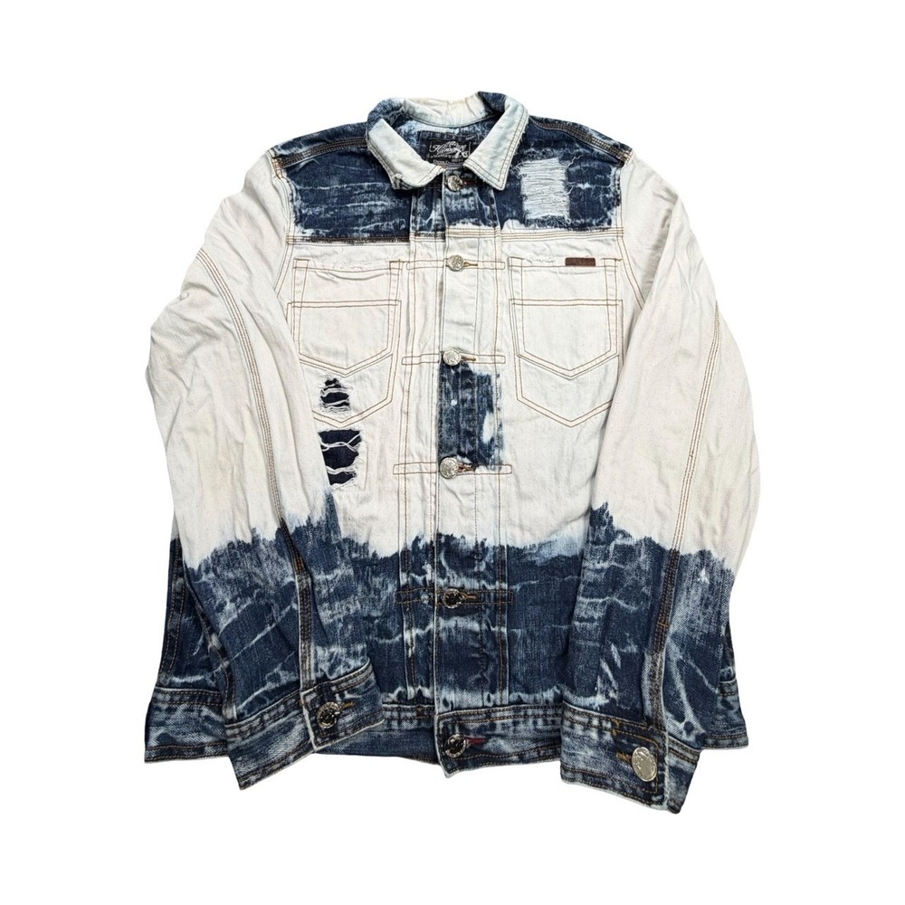 Heritage America Denim Jacket Mens Large Blue White Bleached Distressed Trucker